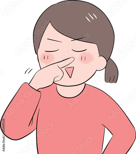 得意げな顔で鼻をこする私服の若い女性(上半身)