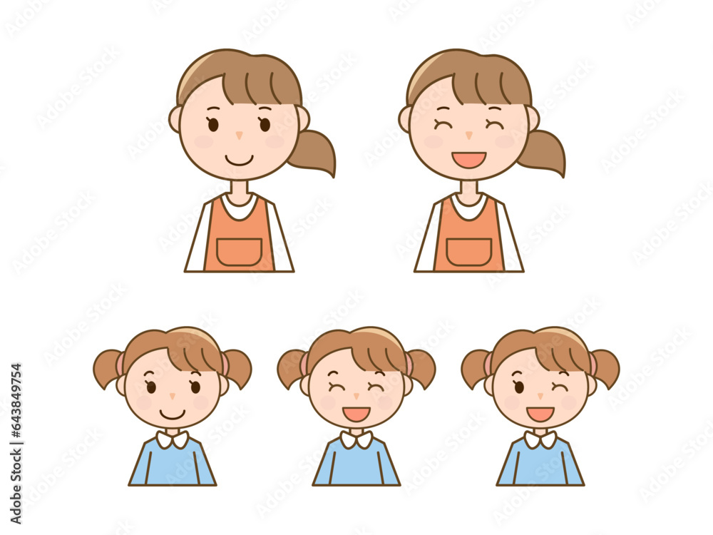 笑顔のエプロン姿の女性保育士さんと保育園児_女の子の5ポーズセット