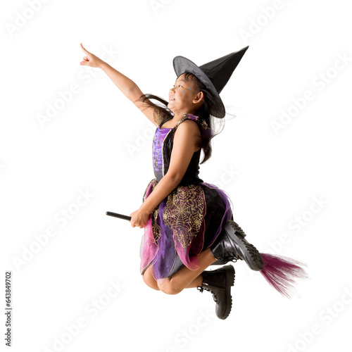 Cute asian girl Wear witch clothes with flying jumping with broom Halloween concept, full body portrait isolated on white and transparent background