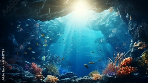 background Deep-sea diving scene with marine life