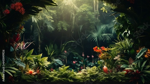 background Lush botanical garden with exotic plants 