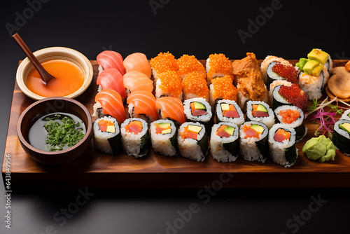 Top view sushi set with soy sauce and chopsticks