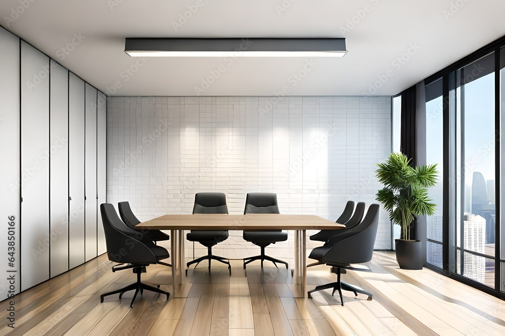 Fototapeta premium Interior Modern Office Meeting Room Wall Mockup - 3d Rendering, 3d Illustration