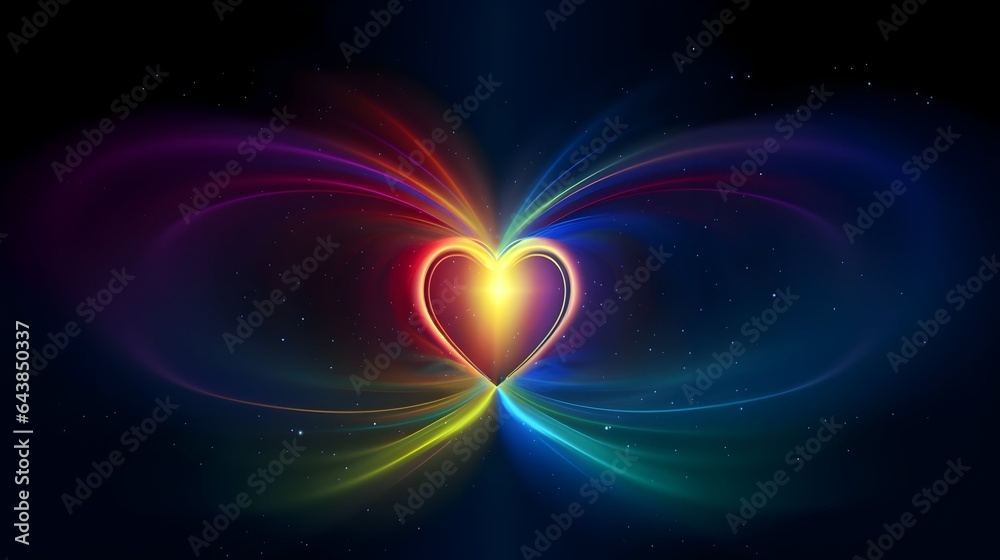 Heart-shaped composed of colorful abstract energy lines with Dark starry sky background.