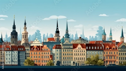 background European cityscape with historic landmarks
