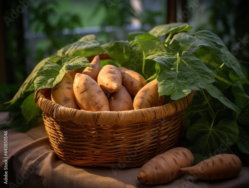 Fresh Organic Sweet Potato Vegetable Photorealistic Horizontal Illustration. Healthy Vegetarian Diet. Ai Generated bright Illustration in Nature Background. Juicy Sweet Potato Vegetable.