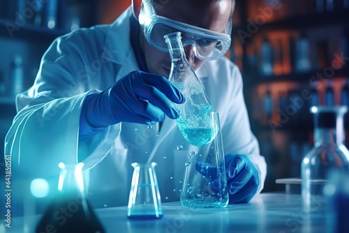 Scientist in the laboratory analyzing blue substance in the beaker, conducting medical research for pharmaceutical discovery