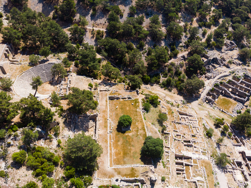 Drone photo of Arycanda. Ruins of ancient city in Antalya Province with view of Roman theatre. photo