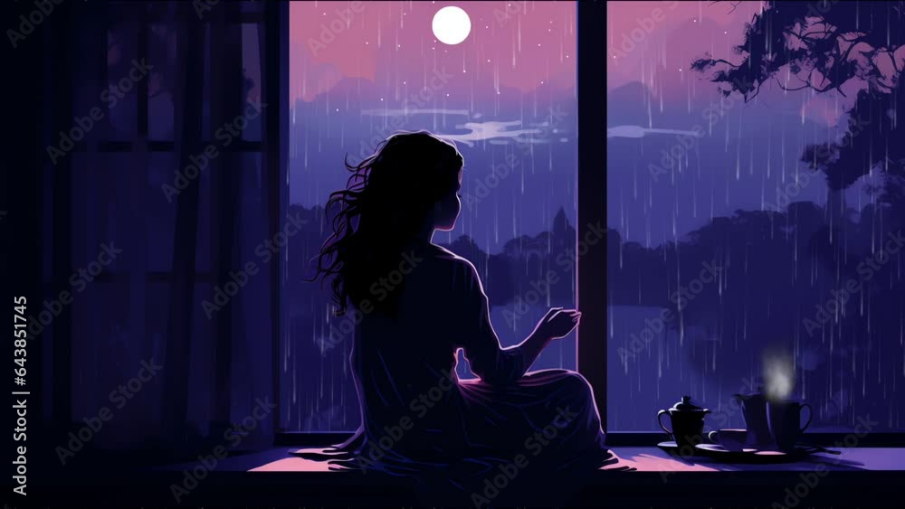 lofi girl drinking tea night time raining. Created using Generative AI