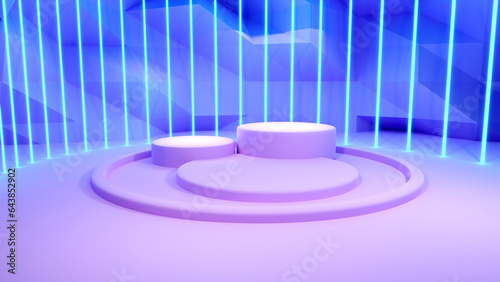 3d rendering light pink product display stand surround blue neon laser frilly background
