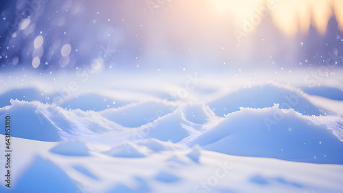 Snow surface close-up. Winter background with snow texture and beautiful bokeh. Shallow depth of field and blur.