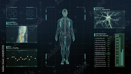 Anatomical Scan of Human Male Walking on Futuristic Touch Screen Interface displaying bones, organs, and neural network activity. Concept: In the Near Future of Medicine and Healthcare. 
