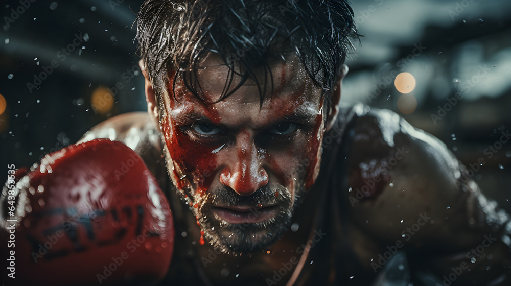 Close-up of a determined male boxer with raised gloves. Sweaty and bloodied face - obrazy, fototapety, plakaty 