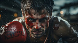 Close-up of a determined male boxer with raised gloves. Sweaty and bloodied face