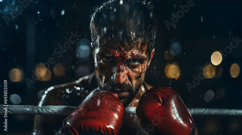 Close-up of an intense male fighter with raised gloves, holding onto the ropes in the boxing ring with a sweaty and bloodied face © Sunshine Design