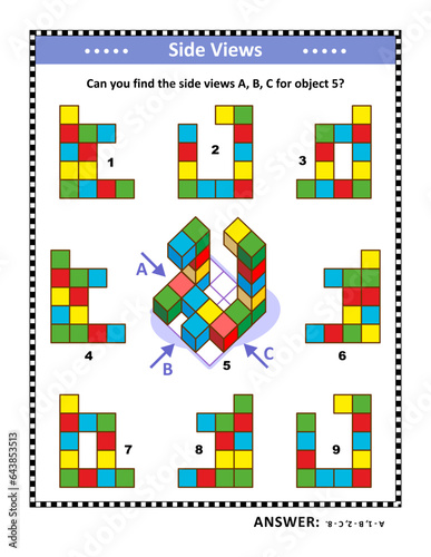 Educational math puzzle with building blocks: Can you find the side views A, B, C for object 5? Answer included.
