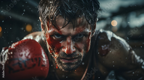 Close-up of a determined male boxer with raised gloves. Sweaty and bloodied face © Sunshine Design
