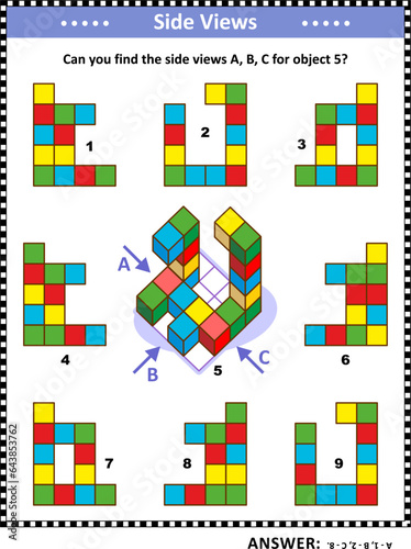 Educational math puzzle with building blocks: Can you find the side views A, B, C for object 5? Answer included.
