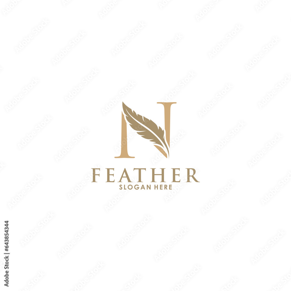 Initial letter N logo with Feather Luxury gold, Initial Feather Logo template Initial letter N logo with Feather Luxury gold, Initial Feather Logo template