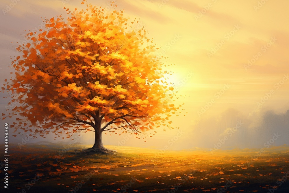 Árbol en otoño con sus hojas cayendo al amanecer. Estilo: Pintura con acuarela