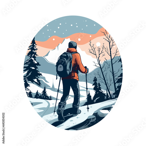 Mountain climber hikes snowy peak with backpack