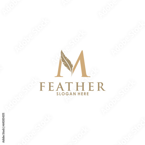 Initial letter M logo with Feather Luxury gold, Initial Feather Logo template