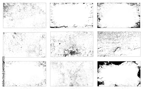 Grunge overlay textures with dust grain isolated on white background. Set of vector paint brush stroke, ink splash and grungy decoration elements for social media. Distressed vintage banner frame.