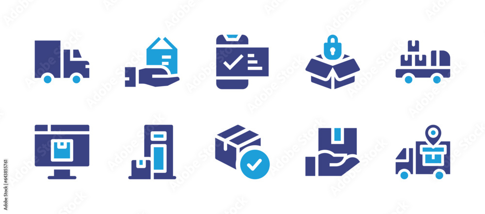 Delivery icon set. Duotone color. Vector illustration. Containing order, safe, approval, package, delivery truck, delivery, box, online order, door to door, transport.