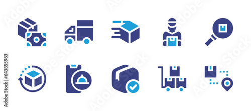 Delivery icon set. Duotone color. Vector illustration. Containing delivery truck  fast delivery  food delivery  package delivered  cash on delivery  product development  delivery  delivery cart  track