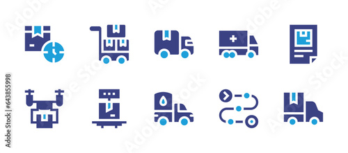 Delivery icon set. Duotone color. Vector illustration. Containing delivery truck, delivery, truck, product, lead time, trolley, drone, weight scale.