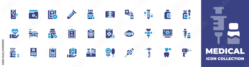 Medical icon collection. Duotone color. Vector and transparent illustration. Containing health check, medicine, blood test, medical report, medical box, medical app, medical insurance, medical record.
