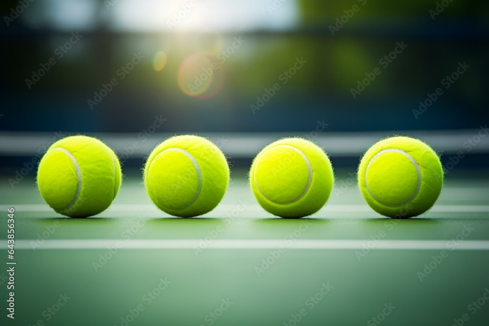 Three tennis balls sitting on a paddle court, captured with clear focus. Generative AI
