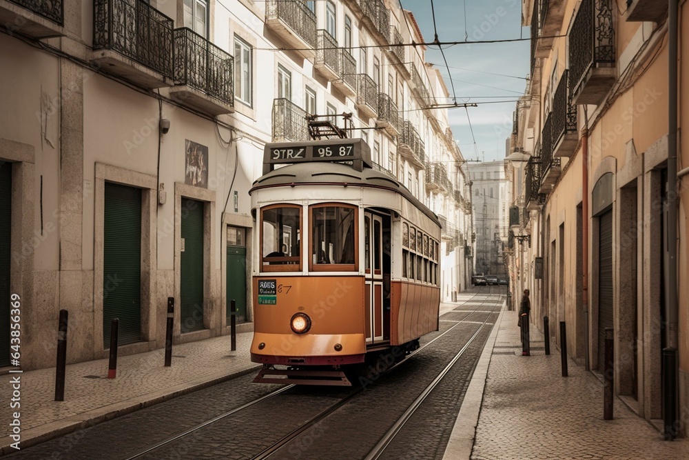 An iconic tram moving through the streets of Lisbon. Generative AI