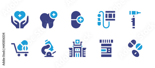 Medical icon set. Duotone color. Vector illustration. Containing healthcare, microscope, trolley, dental care, tensiometer, otoscope, medicine, drugs, antibiotic, hospital.