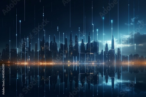An illuminated, futuristic city skyline with sparkling skyscrapers. Generative AI © Briar