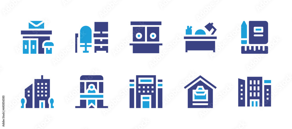 Office icon set. Duotone color. Vector illustration. Containing desk, office supplies, work from home, building, office, ticket office, post office, office building.