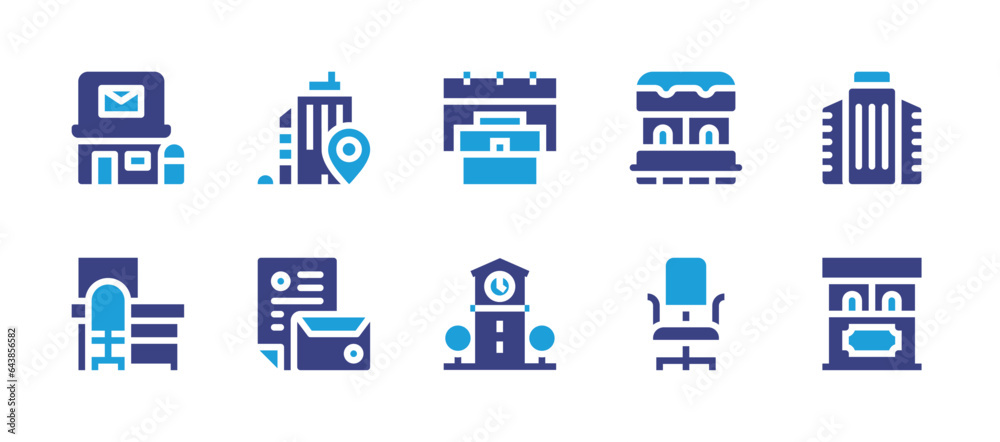 Office icon set. Duotone color. Vector illustration. Containing post office, workplace, ticket office, office, office chair, branding, town hall.