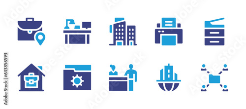 Office icon set. Duotone color. Vector illustration. Containing office, printer, in person, headquarters, pin, desk, shared folder, home, folder.