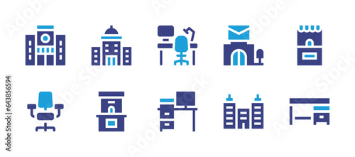 Office icon set. Duotone color. Vector illustration. Containing workplace, post office, company, office chair, ticket office, desk, news, city building.