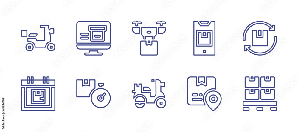 Delivery line icon set. Editable stroke. Vector illustration. Containing delivery, drone delivery, delivery time, calendar, mobile, loading, location, pallet.