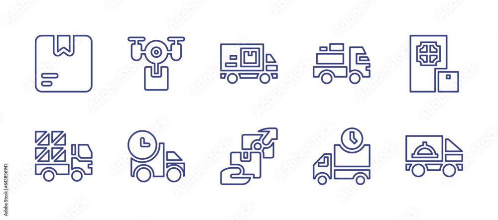 Delivery line icon set. Editable stroke. Vector illustration. Containing delivery service, delivery truck, cash, product, drone, shipping and delivery, door delivery, food delivery.