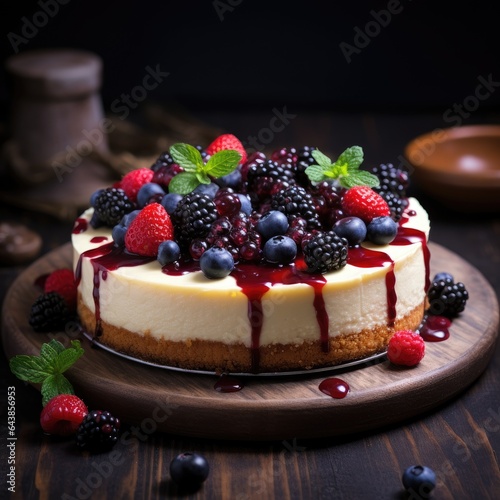 Cheesecake with fresh berries on wooden background