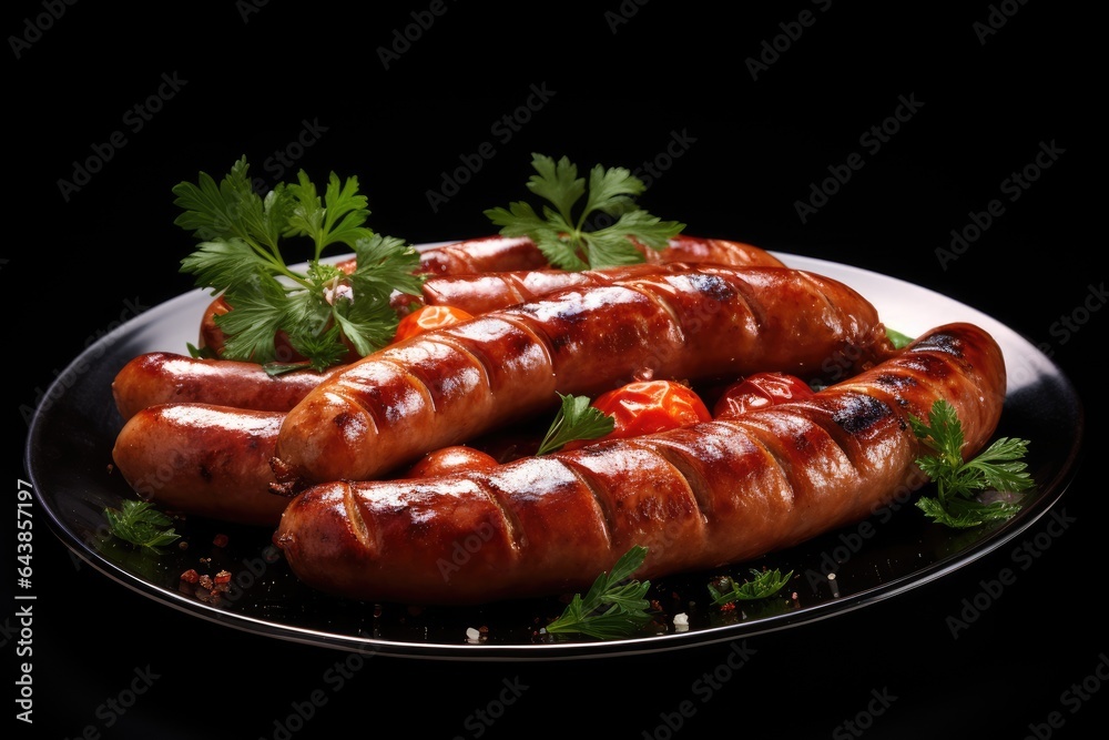 Grilled sausages with parsley on a plate on a wooden background.Generative AI