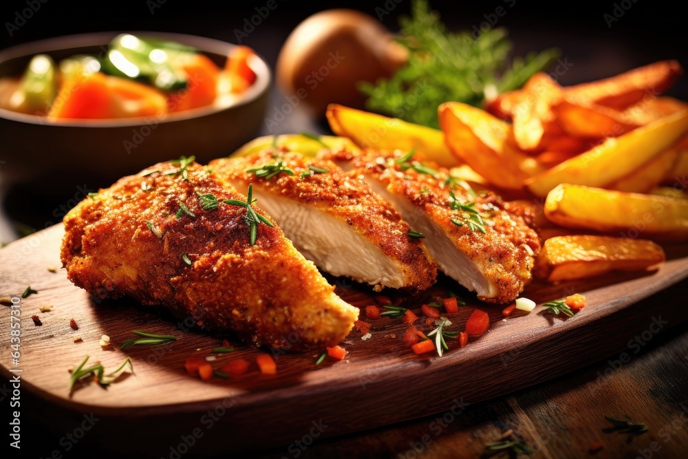 Crispy chicken cutlets with potatoes and vegetables on black plate