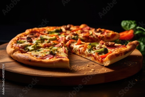 Pizza with meat and vegetables on a wooden table. Top view