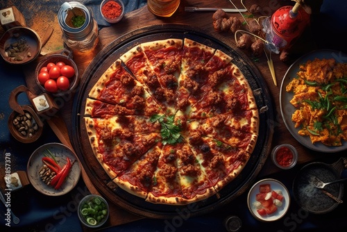 Pizza with meat and vegetables on a wooden table. Top view