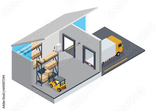 Isometric warehouse, shipment of goods carried out with a forklift