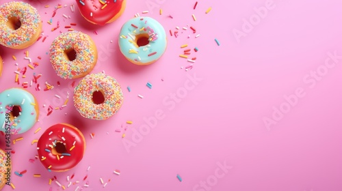 Colorful donuts with sprinkles on pink background, top view