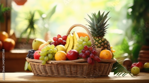 Fruits in a basket on the table  close-up.