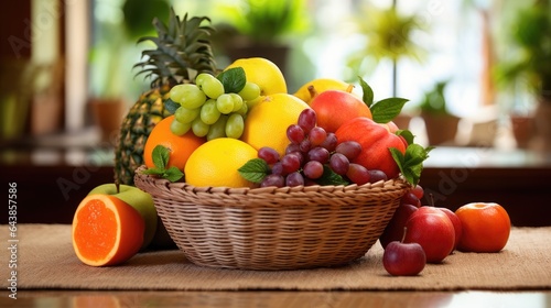 Fruits in a basket on the table, close-up.